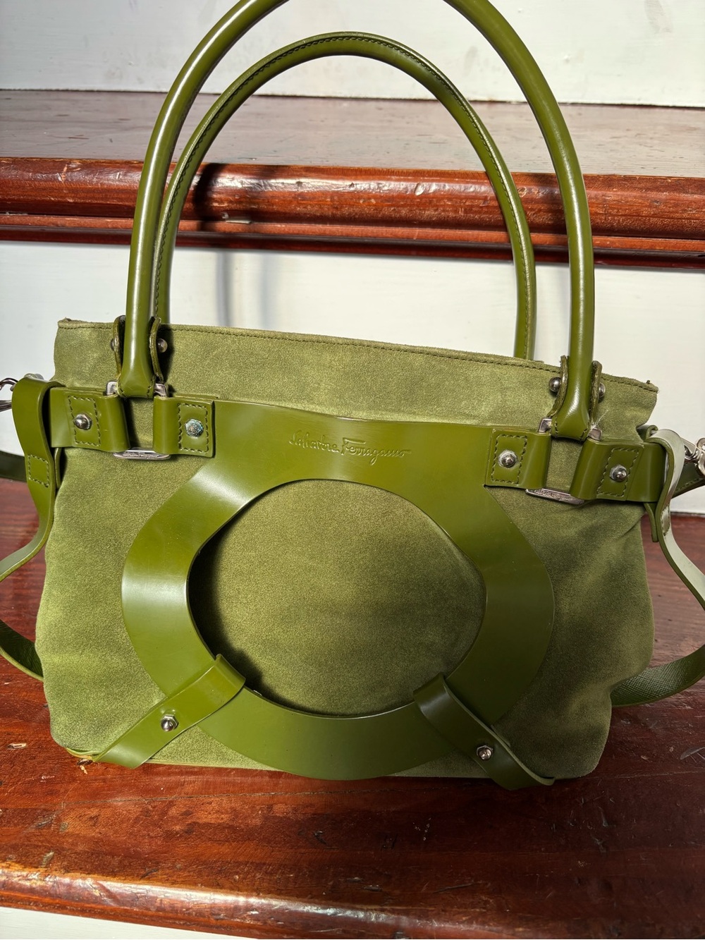 Salvatore Ferragamo Olive Green Suede & Leather Shoulder Bag